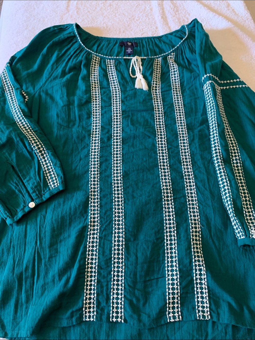 GAP Teal Embroidered Peasant Tunic with Tassel Tie